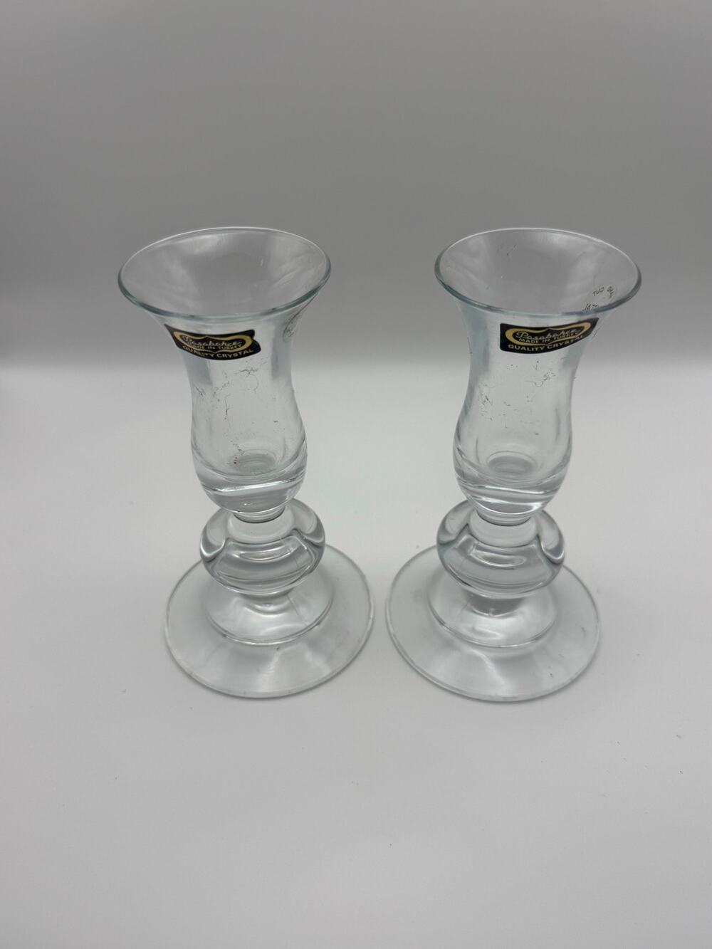 Vintage Pasabahce Clear Crystal Taper Candlestick Holders Pair Turkey 2
